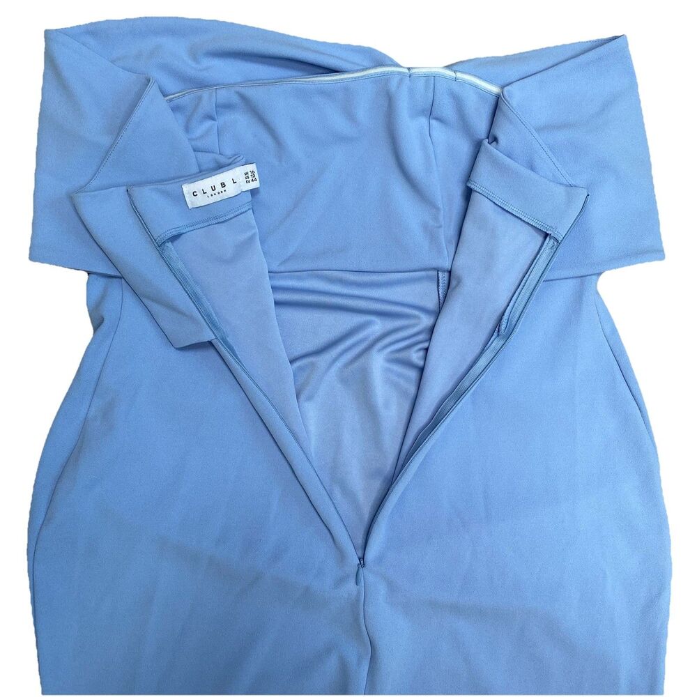 Club L London Powder Blue Alyssa Bardot Bow Maternity Midi Dress With Ruching 12 - Picture 12 of 16